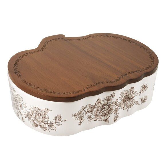 Pioneer Woman Pumpkin Baker Agatha Brown Floral Stoneware & Acacia Wood Lid 3qt - Picture 1 of 6